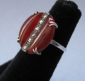 Art Deco Carnelian and Sterling Marcasite Ring