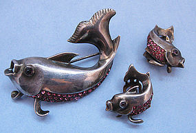 Sterling and Rhinestone Fish Pin, Earrings