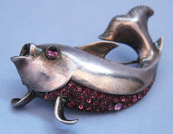 Sterling and Rhinestone Fish Pin, Earrings