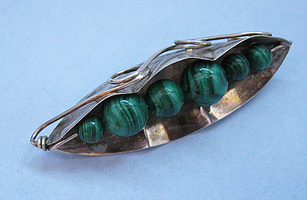 Sterling and Malachite Pea Pod Pin