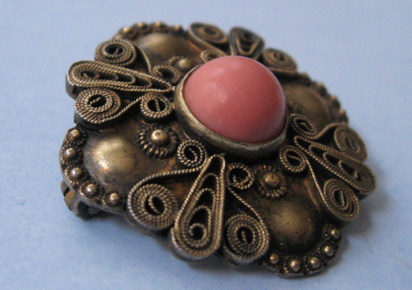 Sterling and Faux Coral Wirework Pin