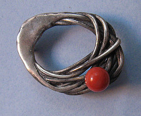 Modernist Sterling and Coral Pin by Phyllis Sklar