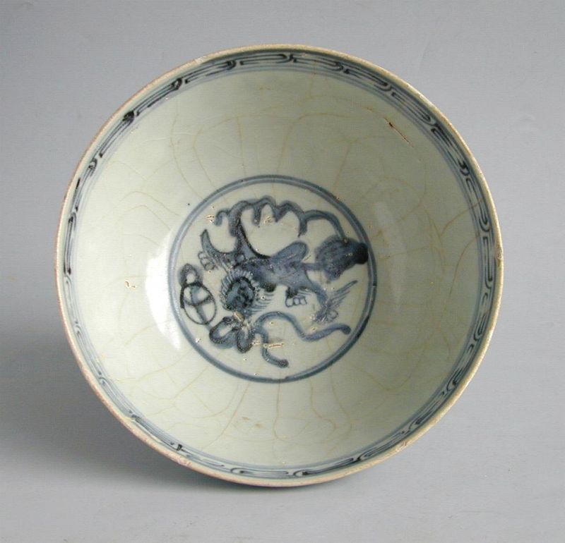 Large Chinese Ming Dynasty Blue & White Porcelain Bowl - Fo Dog