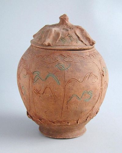 Large Chinese Song / Yuan Dynasty Incised Pottery Buddhist Jar