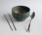 Fine Korean Koryo Dynasty Bronze Bowl, Spoon & Chopsticks