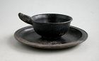Fine Chinese Yuan Burnished Black Pottery Dragon Cup & Saucer