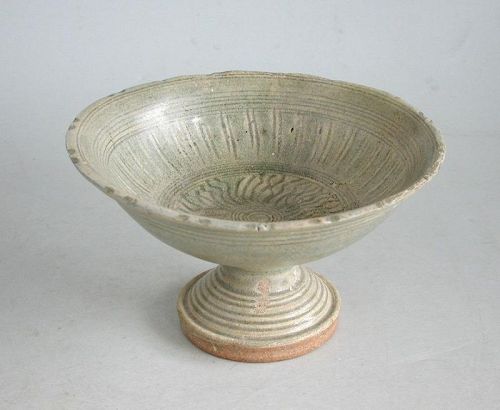Rare Thai 14th - 15th Century Sawankhalok Celadon Stem Bowl (repaired)