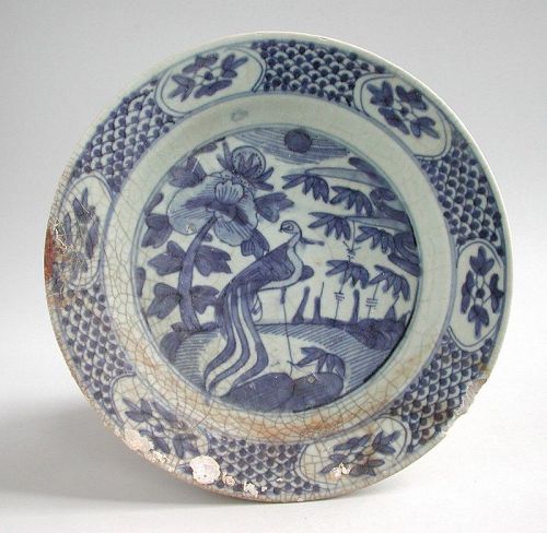 Large Chinese Ming Dynasty Blue & White Porcelain Dish - Phoenix