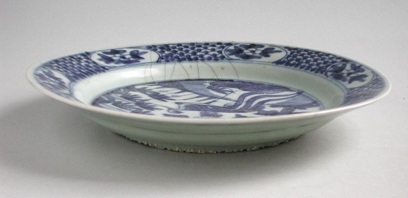 SALE Large Chinese Ming Dynasty Blue &amp; White Porcelain Dish - Phoenix