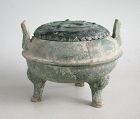 Chinese Han Dynasty Glazed Pottery Ding Tripod with Twin-Fish Cover