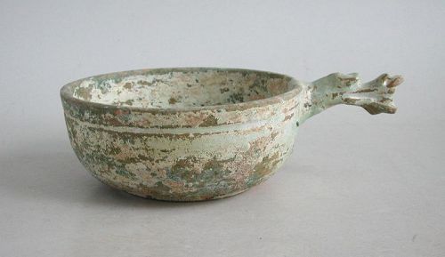Chinese Han Dynasty Glazed Pottery Bowl with Dragon Handle