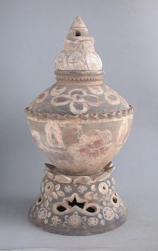 Rare Chinese Tang Dynasty Painted Pottery Jar, Stand & Cover