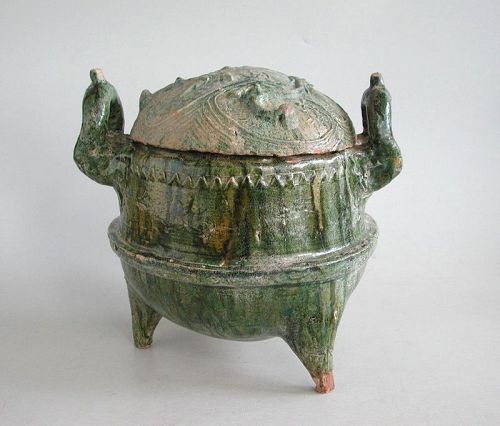 Rare Chinese Han Dynasty Large Glazed Ding Tripod - Dragons