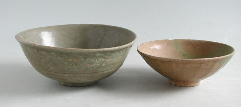 Two Chinese Song / Ming Dynasty Celadon Porcelain Bowls (damaged)
