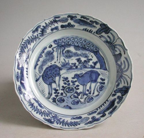 Chinese Ming Dynasty Blue & White Kraak Porcelain Dish (Deer & Birds)