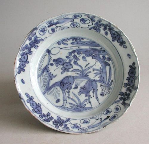 SALE Chinese Ming Dynasty Blue & White Kraak Porcelain Dish (Deer)