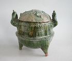 Rare Chinese Han Dynasty Large Glazed Pottery Ding Tripod - Dragons