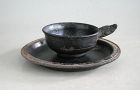 Fine Chinese Yuan Dynasty Burnished Black Pottery Dragon Cup & Saucer