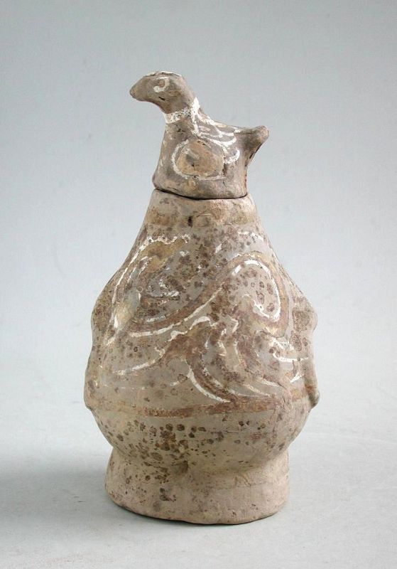 Rare Chinese Han Dynasty Painted Pottery Jar with Bird Cover
