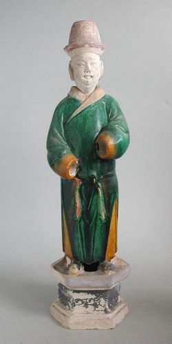 Tall Chinese Ming Dynasty Glazed & Painted Pottery Figure