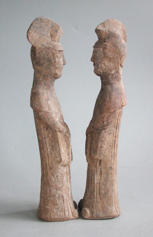 Rare Pair of Rare Chinese Sui / Early Tang Dynasty Pottery Ladies
