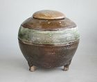 Rare Chinese Han Dynasty Green & Brown Glazed Granary Jar with Cover