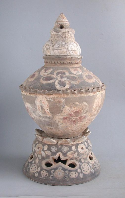 SALE Rare TALL Chinese Tang Dynasty Painted Pottery Jar, Stand & Cover