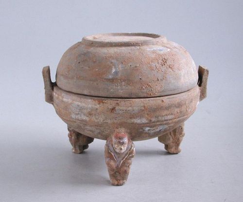 Rare Chinese Han Dynasty Painted Pottery Ding with Human-shaped Feet
