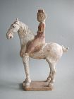 Tall Chinese Tang Dynasty Painted Pottery Horse & Lady Rider (41cm)