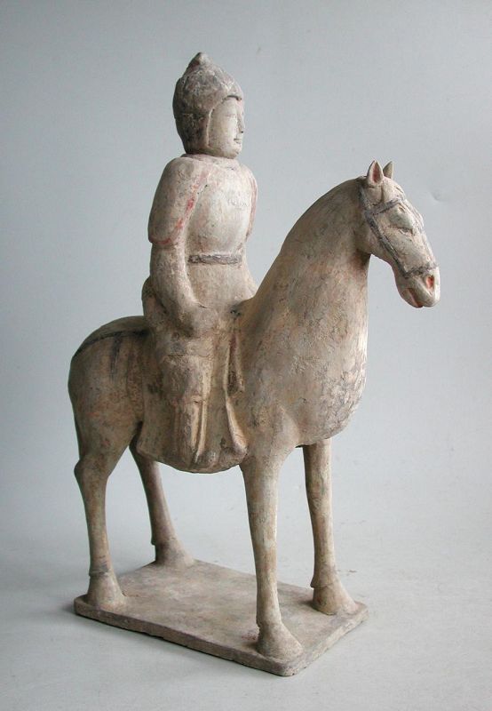 Large Chinese Northern Dynasties Pottery Horse & Armoured Rider