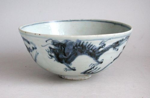 SALE Large Chinese Ming Dynasty Blue & White Bowl Dragon, Phoenix,Fish