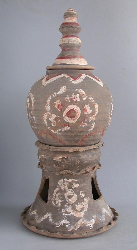Rare Chinese Tang Dynasty Painted Pottery Jar, Stand & Cover 58cm/23"