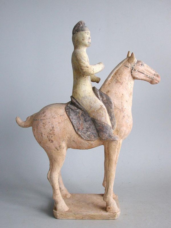 Fine Tall Chinese Tang Dynasty Painted Pottery Horse & Rider