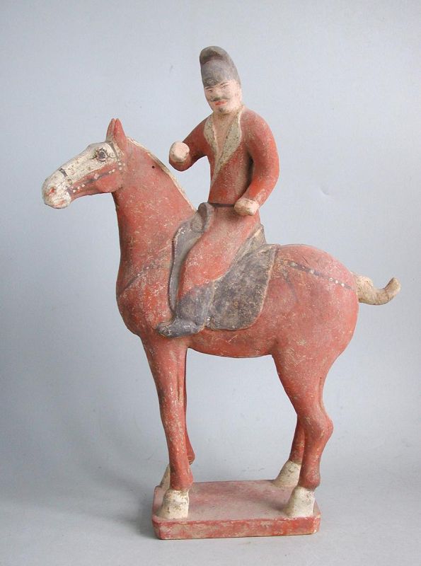 Fine Tall Chinese Tang Dynasty Painted Pottery Horse & Rider