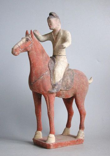 Fine Tall Chinese Tang Dynasty Painted Pottery Horse & Rider