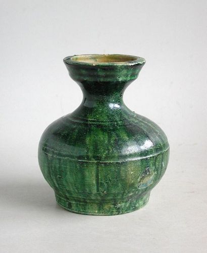 Fine Chinese Han Dynasty Green & Yellow Glazed Small Pottery Jar
