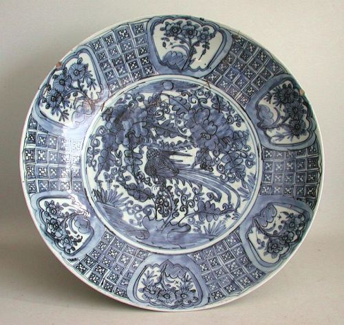 LARGE Chinese Ming Dynasty Blue & White Swatow Dish - Phoenix/Pheasant