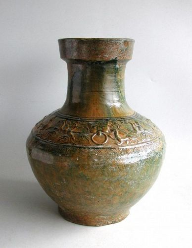 Fine Large Chinese Han Dynasty Glazed Hu Jar with Hunting Scene