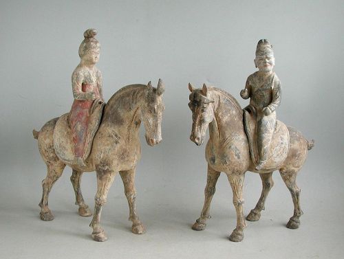 Fine Pair Chinese Tang Dynasty Walking Horses & Riders with Oxford TL