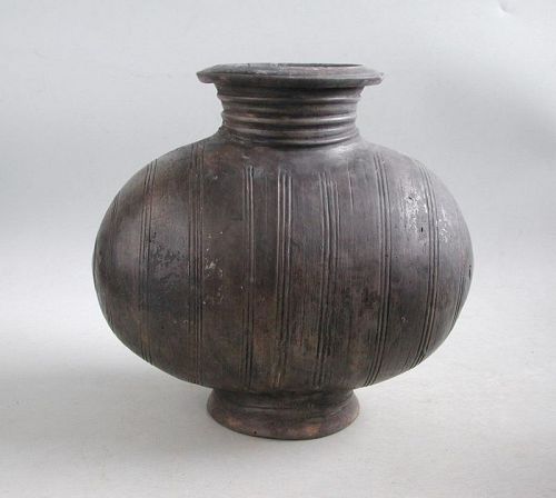 Chinese Han Dynasty Incised & Burnished Pottery Cocoon Jar