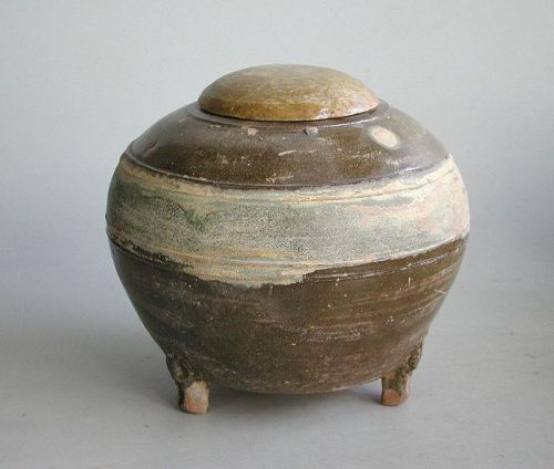 Rare Chinese Eastern Han Dynasty Green & Brown Glazed Granary + Cover