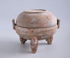 Very Rare Chinese Han Dynasty Painted Pottery Ding + Human-shaped Feet