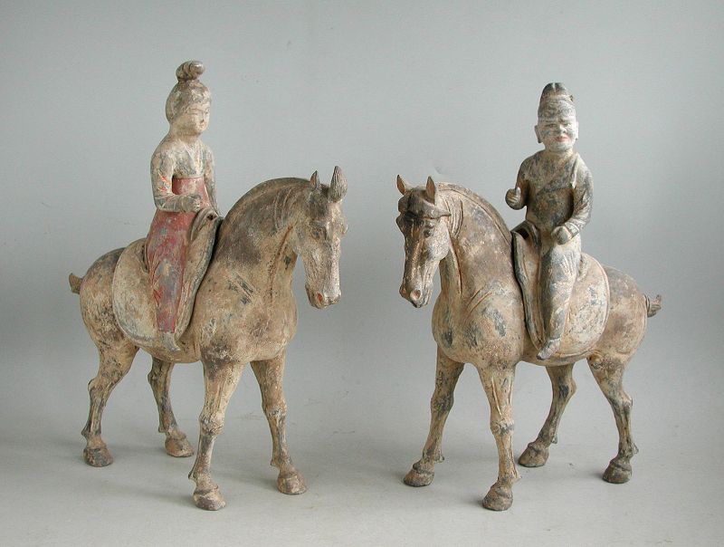 Fine Pair Chinese Early Tang Dynasty Pottery Horses & Riders + TL