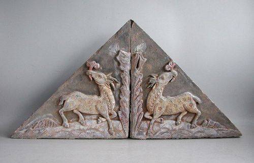 A Fine Pair of Large Chinese Ming Dynasty Painted Pottery Tiles - Deer