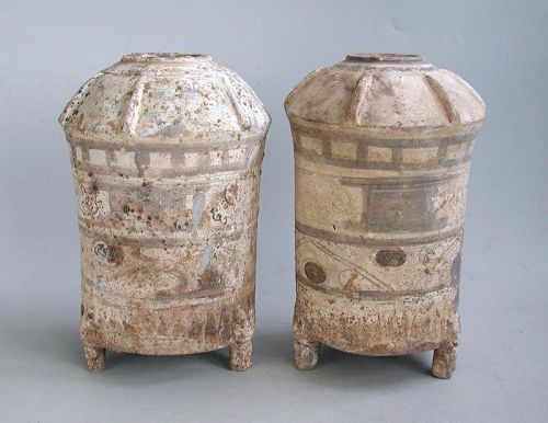 Pair Chinese Han Dynasty Painted Pottery Granaries with ORIGINAL GRAIN