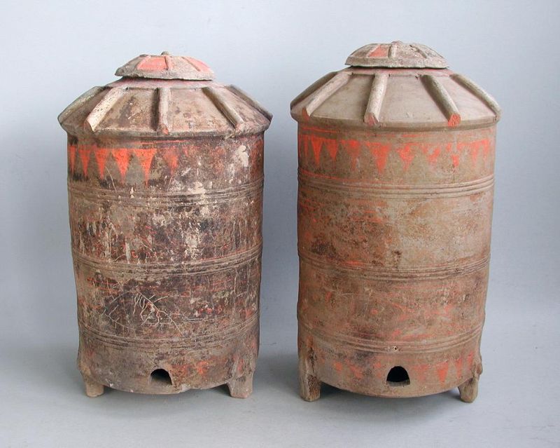 Fine Pair Tall Chinese Western Han Dynasty Painted Pottery Granaries