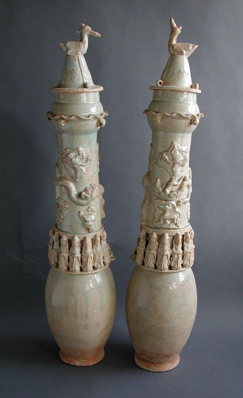 Fine Pair of Tall Chinese Yuan Dynasty Qingbai Porcelain Dragon Jars