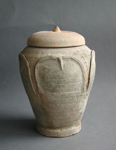 Chinese Song / Yuan Dynasty Buddhist Lotus Leaf Pottery Jar (Sanskrit)