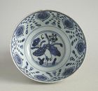 Chinese Ming Dynasty Blue & White Porcelain Bowl - Bird -18cm diameter