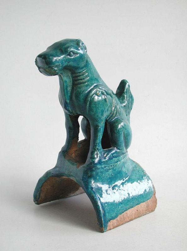 Chinese Ming Dynasty Glazed Pottery Ridge Tile - Lion Dog
